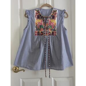 Blouse Womens L Striped Embroidered Sleeveless TieFront Bohemian Casual Artisan